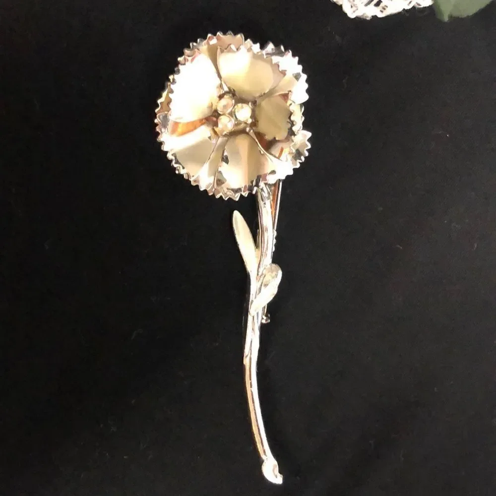 Vintage Silver Tone with Matte Color Three Rhinestones Carnation Brooch